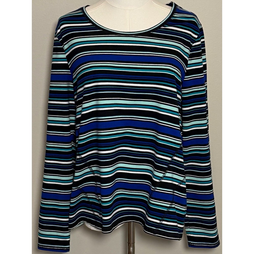 Kim Rogers Blue/Green/Black/White Striped Scoop Neck Knit Top Women L